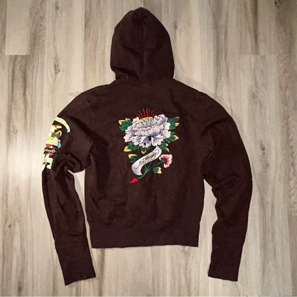 Ed Hardy Brown Hoodie with Floral Embroidery